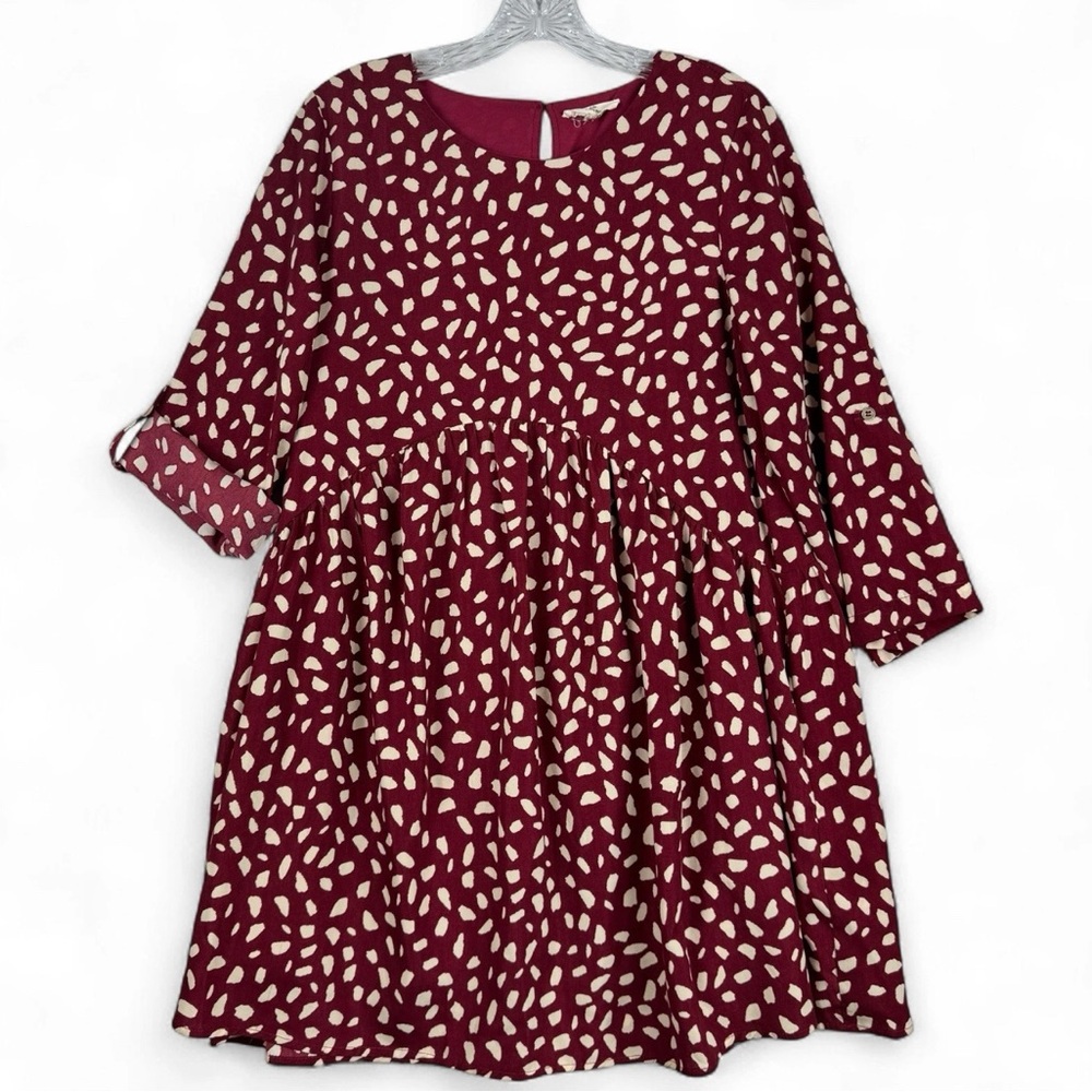 Entro‎ Dress Womens Size S Mini Shift Long Sleeve Burgundy Red Dot Print Boho